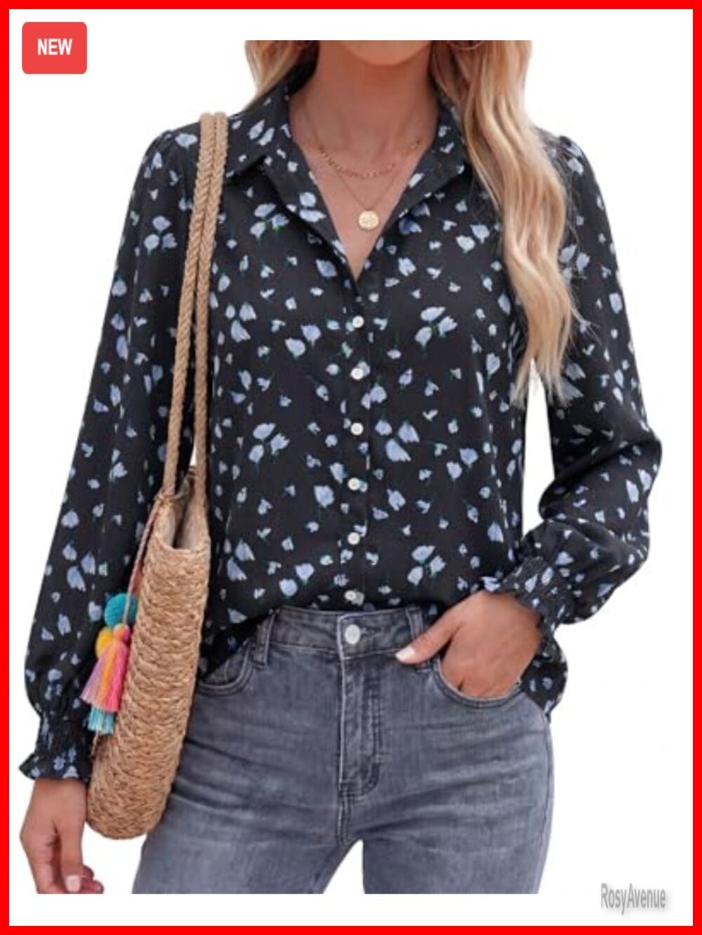 Women Floral Button Down Blouse Long Sleeve Smocked Cuff Polyester